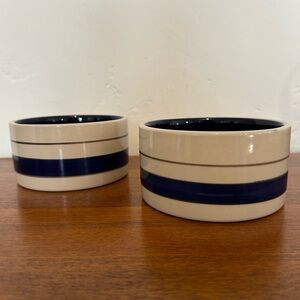 Blue Striped Stoneware Ceramic Bowl Set of 2 Dog Cat Pet